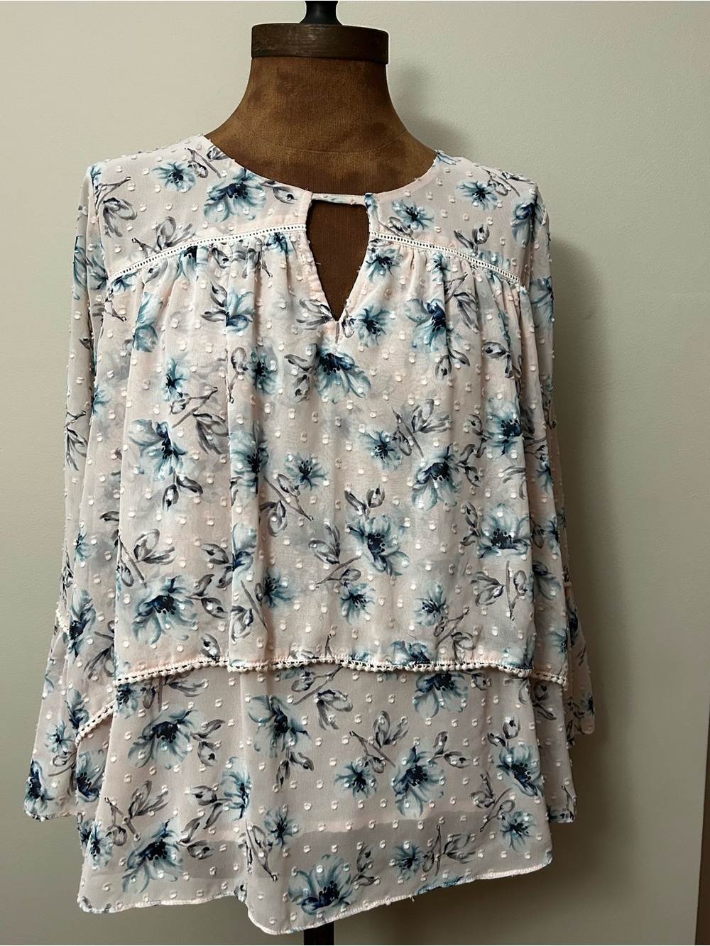Moon River Cream Peasant Tunic with Blue Floral Print